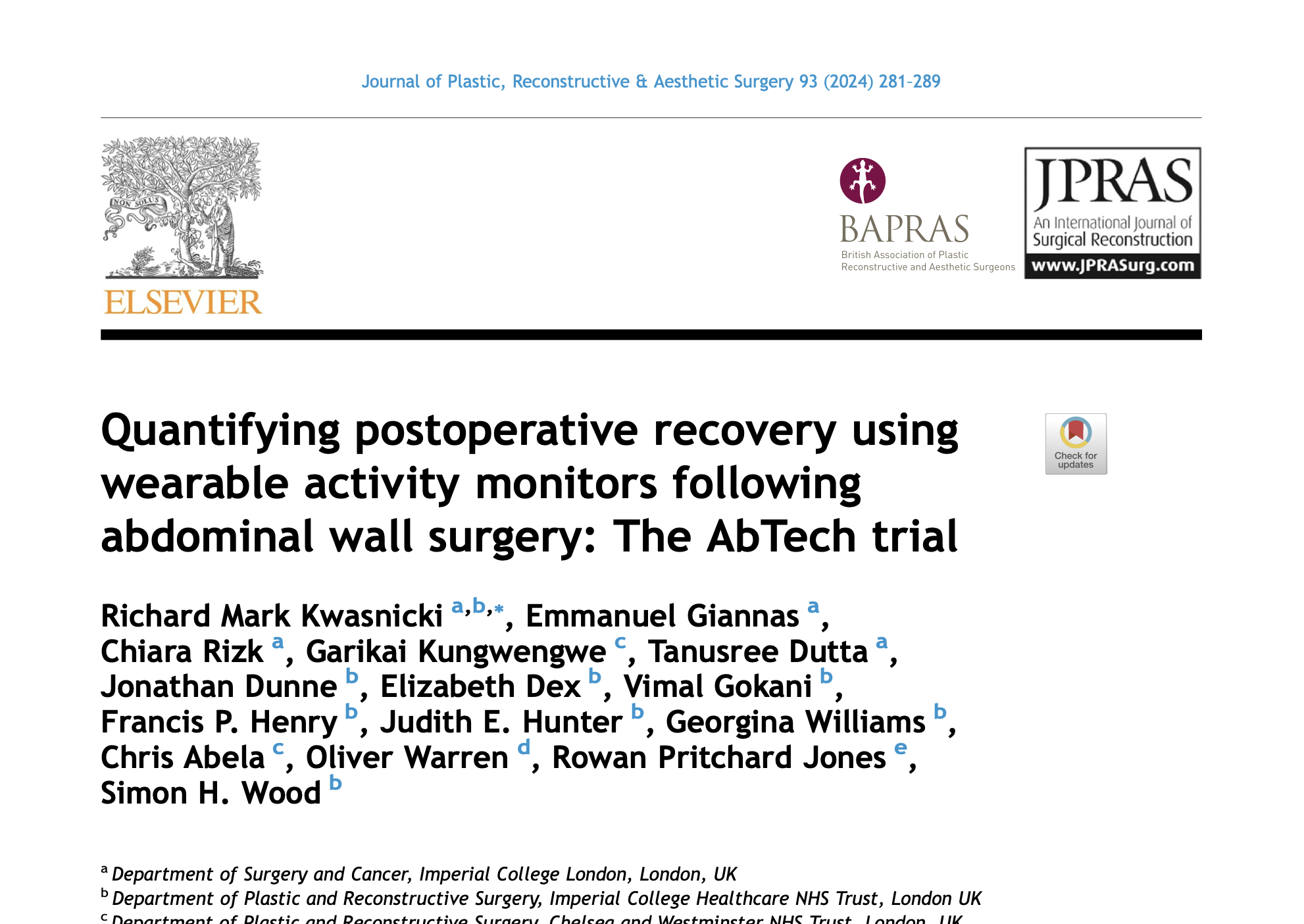 First page of the AbTech trial paper quantifying postoperative recovery after abdominal wall surgery
