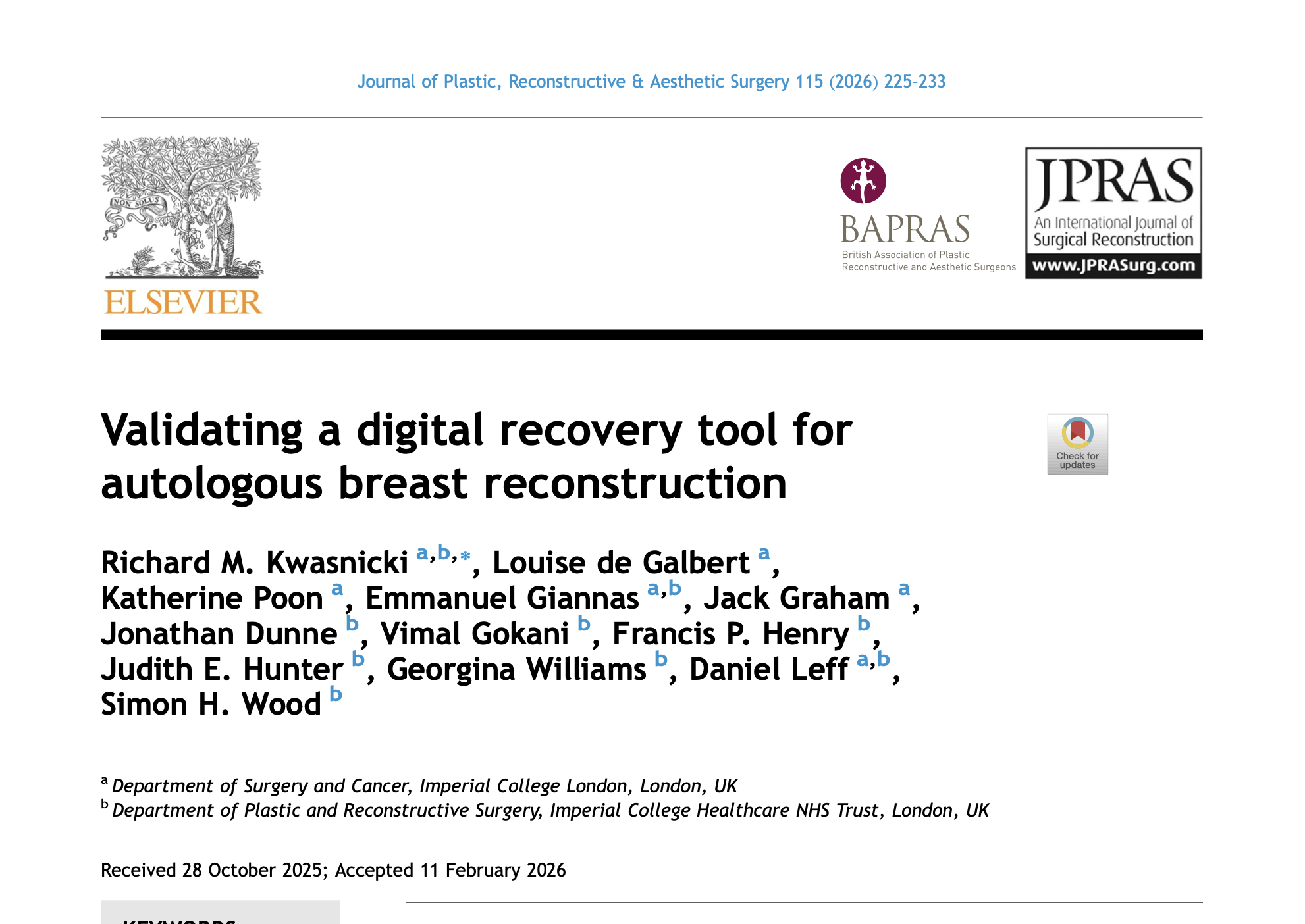 First page of the paper Validating a digital recovery tool for autologous breast reconstruction