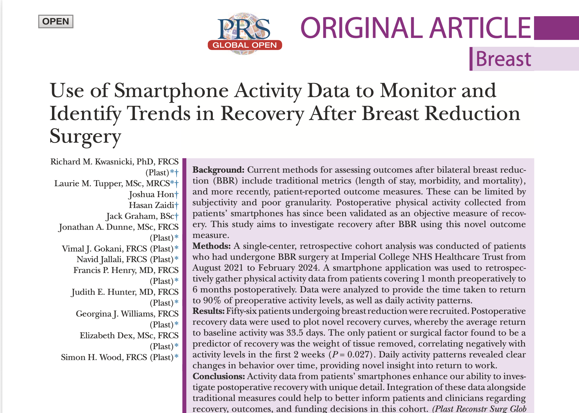 First page of the paper Use of Smartphone Activity Data to Monitor and Identify Trends in Recovery After Breast Reduction Surgery