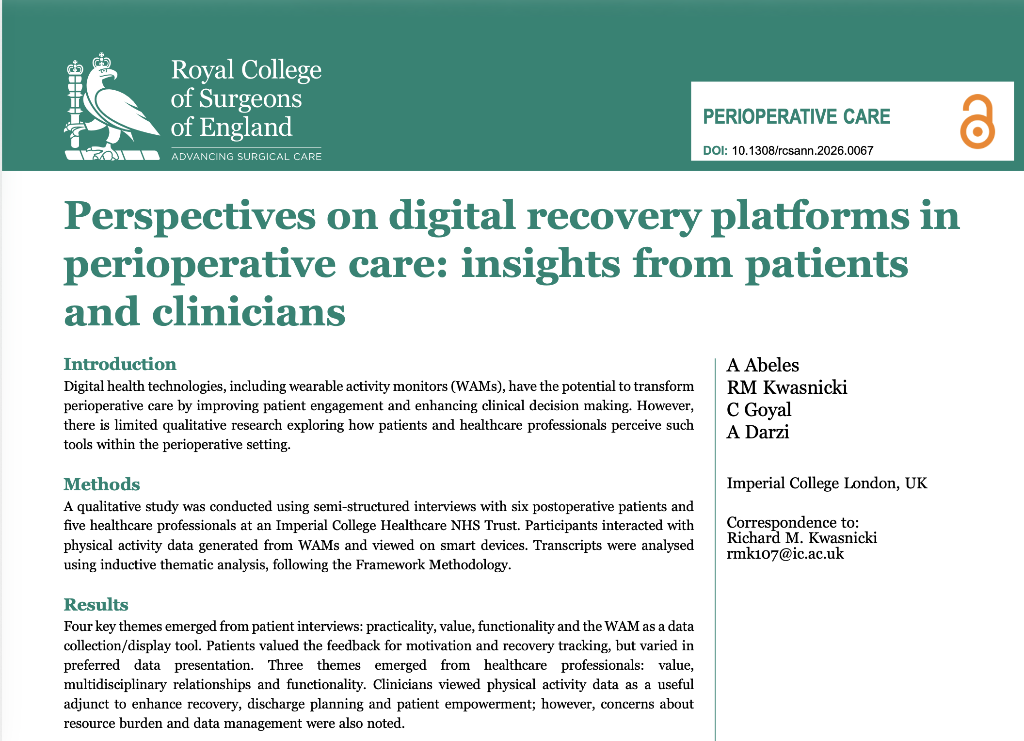 First page of the paper Perspectives on digital recovery platforms in perioperative care